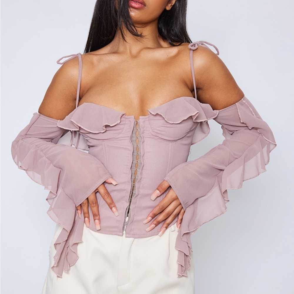 Pretty Little Thing corset ruffle sleeve top